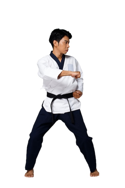 Sport Master of TaeKwonDo beoefent Karate Poses. Instructeur draagt traditioneel uniform en toont Poomsae Punch act over witte achtergrond geïsoleerd volledige lengte