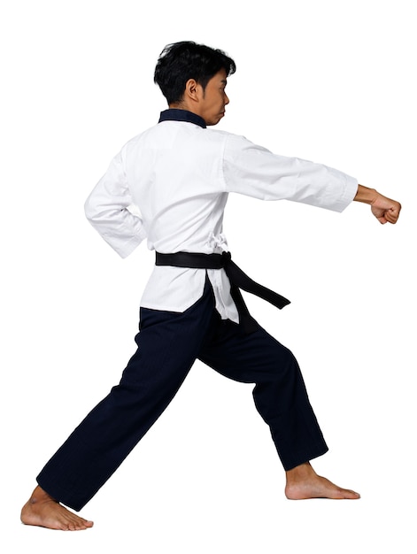 Sport Master of TaeKwonDo practice Karate Poses. Instructor wear Traditional Uniform and shows Poomsae Punch act over white background isolated full length