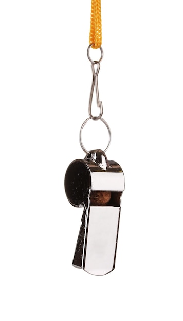 Photo sport metal whistle isolated on white