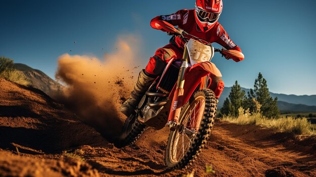 Foto motocicletta sportiva e persona che guida in un deserto per allenamento fisico e sport estremi in natura motocicletta e pratica atletica acrobazie velocità e adrenalina nella sabbia esercizio e libertà