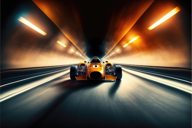 스포츠 경주용 자동차가 조명이 켜진 도로 터널 3D에서 고속으로 달리고 있습니다.