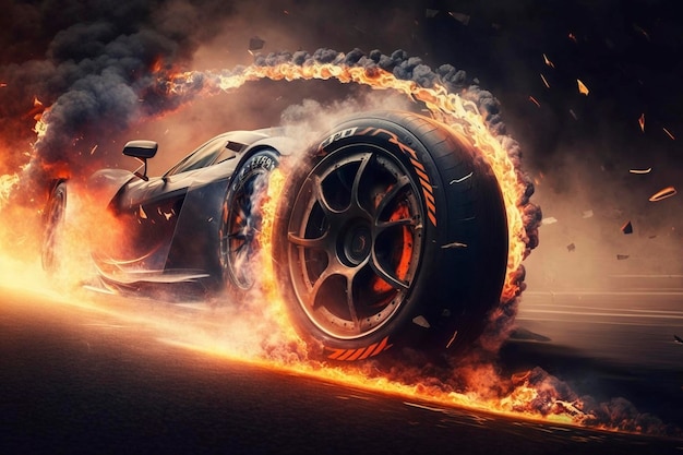 Sport racing car with tyre burning created with generative AI