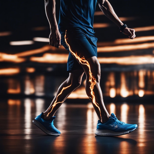 Photo sport runner view of a jogger's legs with fire and energetic glowing background