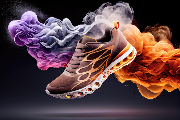 Sport shoes floating in the air with magical smoke swirling around them