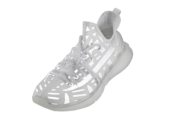 Photo sport shoes white fabric trainers with gray reflective stripes