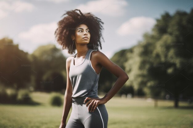 スポーツ女性実行女の子フィットネスアメリカ人屋外アスリートトレーニングパークアフリカの運動生成AI