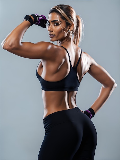 Sport and women Rear view of strong fitness athlete female bodybuilder flexing muscles