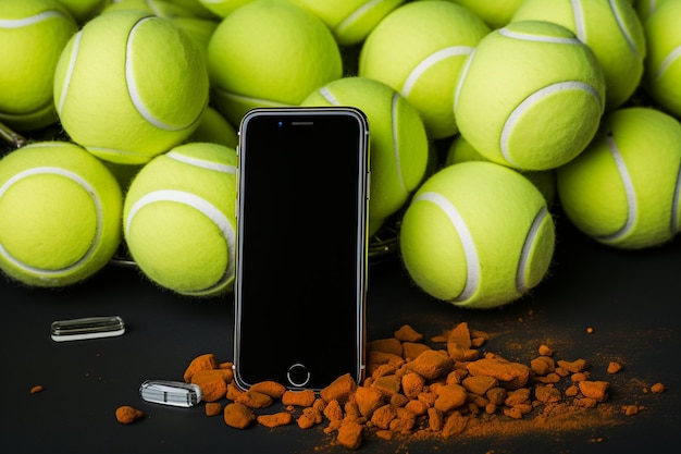 Sportbenodigdheden Tennisballen en een racket met een mobiele telefoon in de buurt