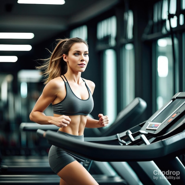 Sportieve jonge vrouw draait op een loopband in de sportschool Fitness en bodybuilding concept