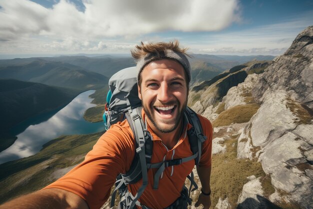 Sportieve man die een selfie maakt in de bergen Generatieve Ai