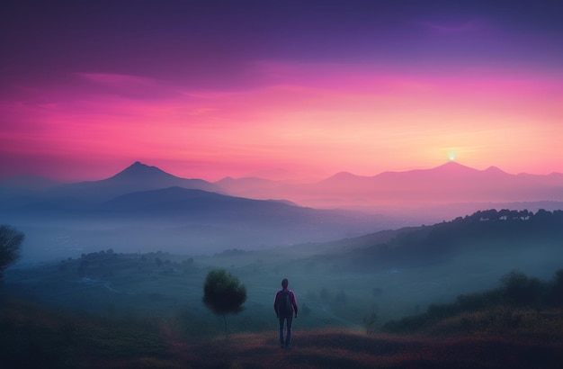 Sportieve man op de bergtop kijkt naar de bergvallei met lage wolken bij kleurrijke zonsondergang in de herfst Landschap met reiziger mistige heuvels bos in de herfs verbazingwekkende hemel in de schemering in de Alpen