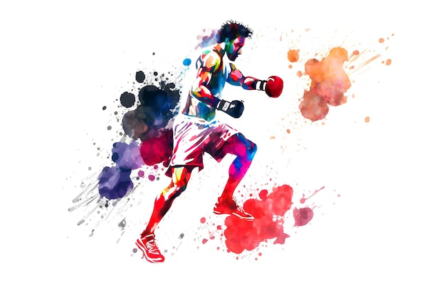 Sportieve man tijdens het boksen met aquarel splash sticker Neuraal netwerk AI gegenereerd