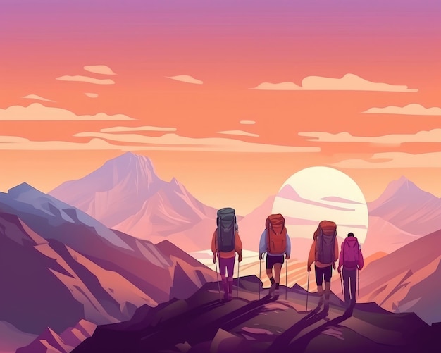 Foto sportieve toeristen wandelen bij zonsondergang in de bergen met rugzakken voor avontuur generatieve ai