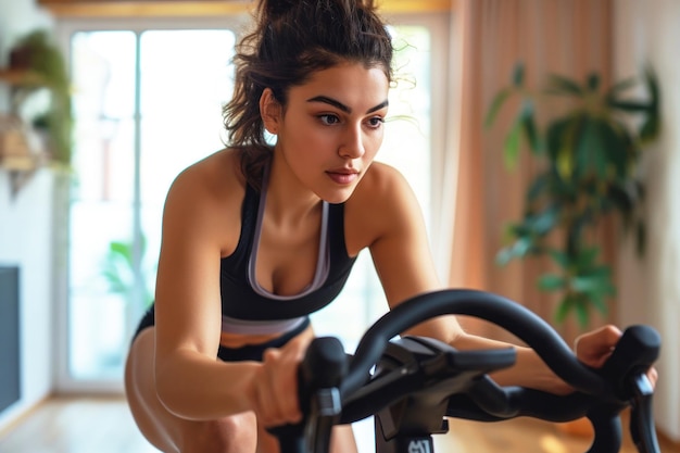 Sportieve vrouw die thuis op een slimme stationaire fiets rijdt