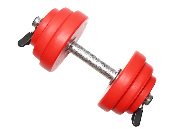 A sporting equipment - two red dumbbells. Isolated over white.