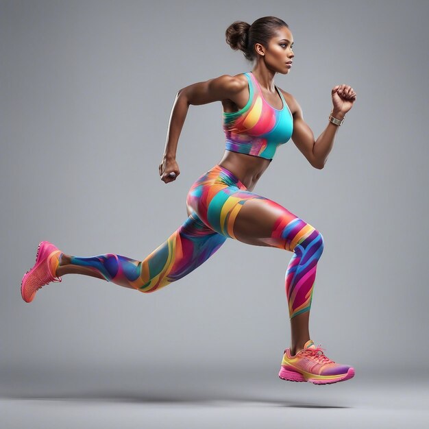Sportive woman runner from multicolored paints colored drawing sport and healthy lifestyle