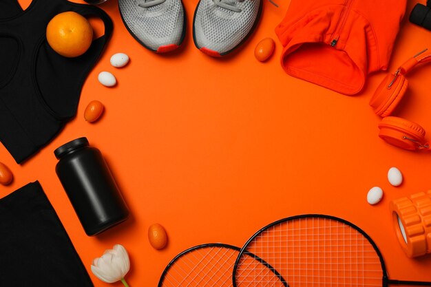 Sportkleding met bloemen op een oranje achtergrond