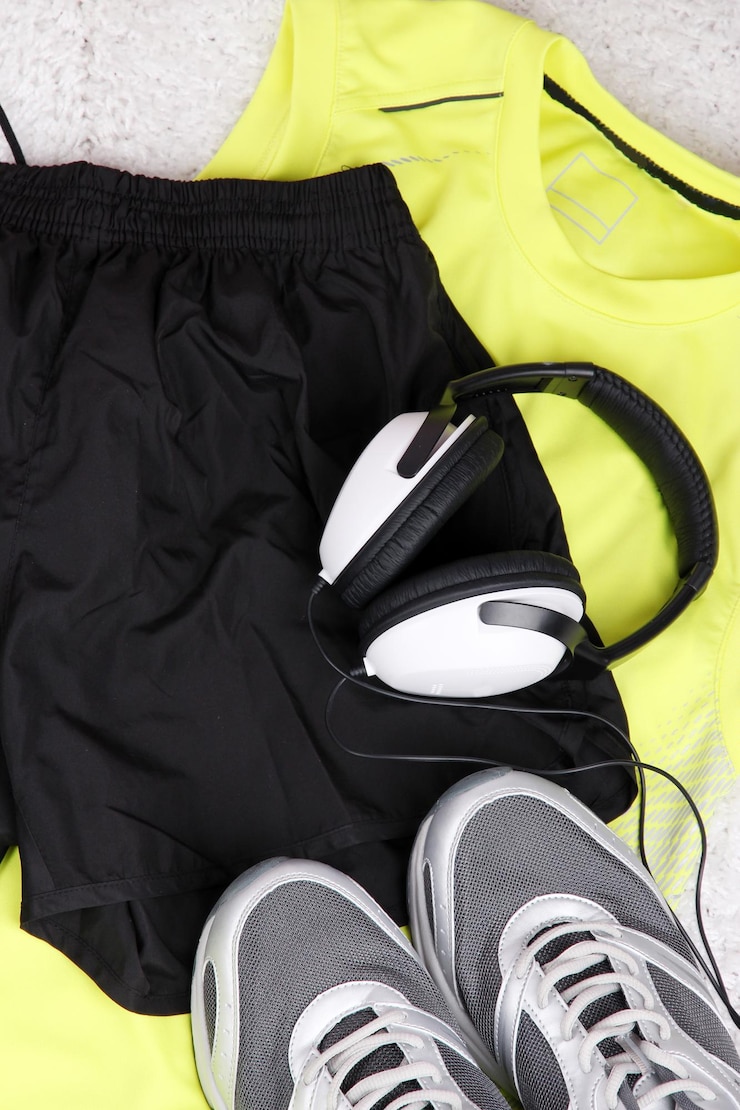 Foto sportkleding schoenen en koptelefoon op witte tapijtachtergrond