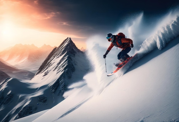 Sportman playing ski on mountain in the winter