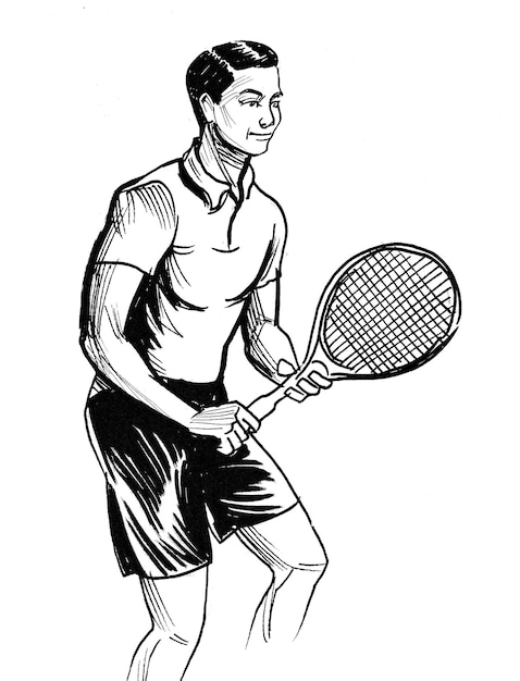 Sportman tennissen. Inkt zwart-wit tekening