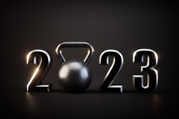 Sports in 2023 the inscription 2023 with a kettlebell instead of 0 black on a black background