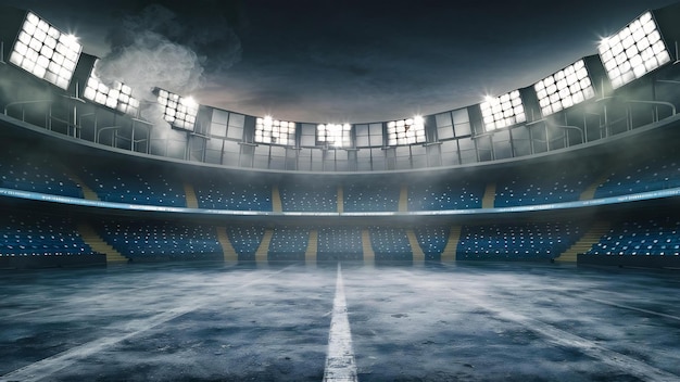 Sports arena with concrete floor with smokes and spotlights background