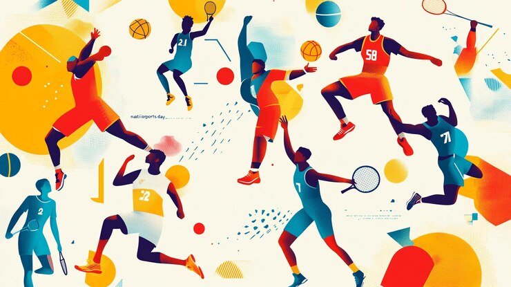 Photo 国民スポーツデー - 抽象的な幾何学的な装飾とスポーツ選手のイラストで祝うコンセプト サッカー バドミントン バスケットボール 野球 テニス バレーボール