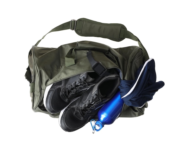 Sports bag with gym stuff isolated on white top view