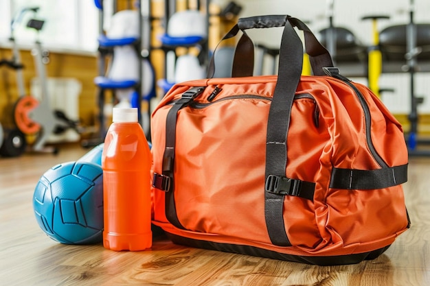 Sports bag with sports equipment in gymnasium