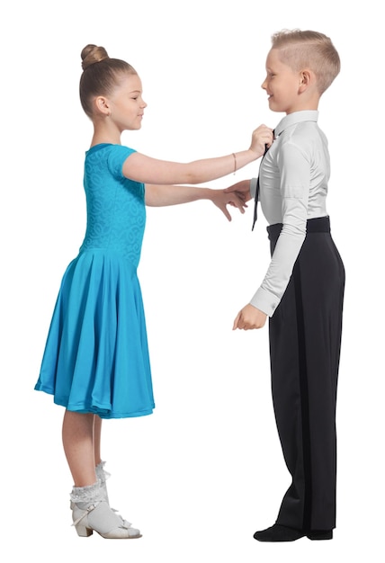 Foto ballo sportivo coppia di ballerini ragazzo e ragazza in costumi per ballo da sala isolatexa