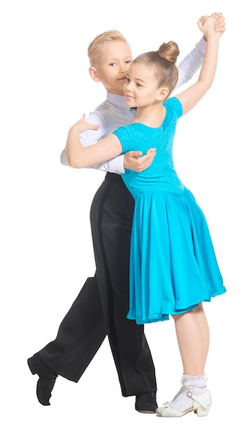 Sports ballroom dancing Couple of dancers boy and girl in costumes for ballroom dancing IsolatexA