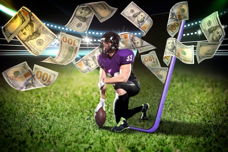 Photo sports betting american football player appearing from smartphone on field under money shower