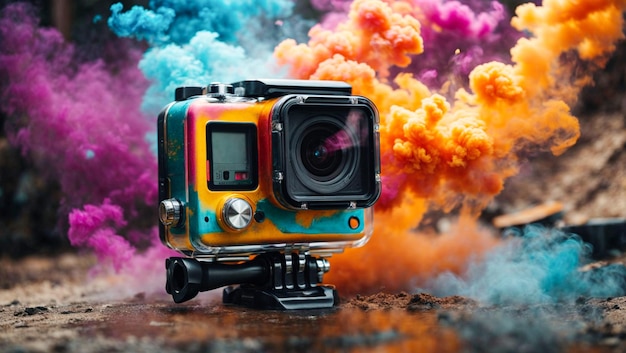 Photo a sports camera on a colorful background of paint smoke extreme sports product image with copy space