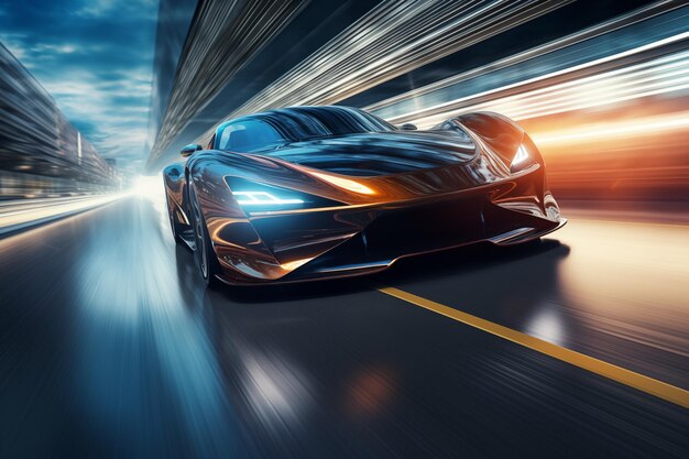 Sports car drives at high speed along the road at night by Generative AI