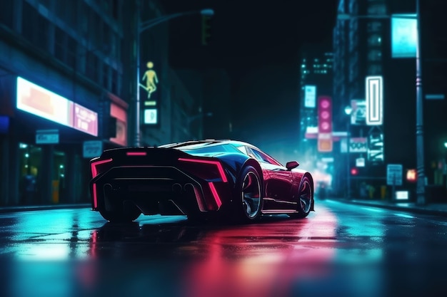 Un'auto sportiva percorre le strade di una città notturna tra insegne al neon in stile cyberpunk