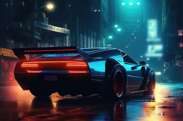 Un'auto sportiva percorre le strade di una città notturna tra insegne al neon in stile cyberpunk