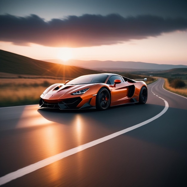 Sports car driving on dusk time