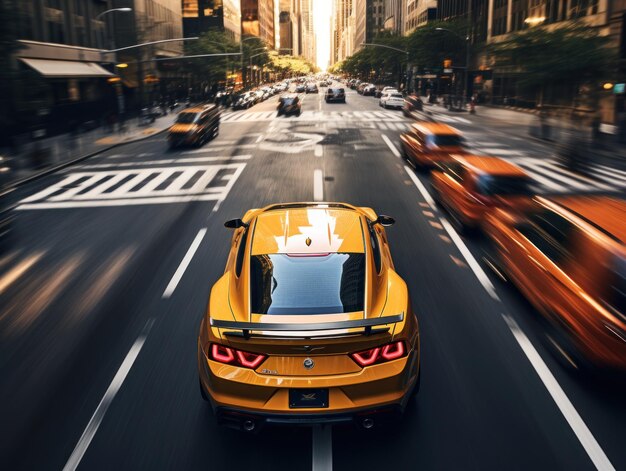 Sports car driving fast in New York city street photograph