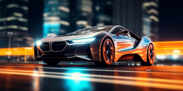 sports car driving at high speed through the city motion blur Generative AI