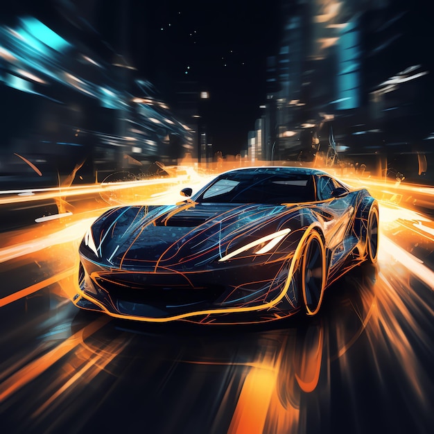 a sports car driving on a road with flames