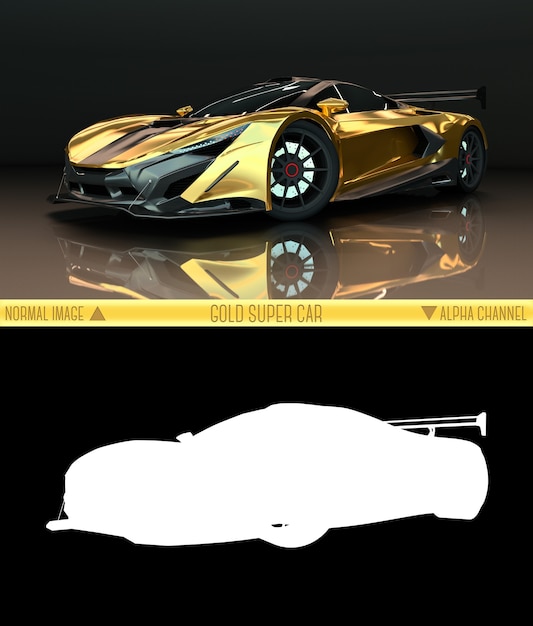 Вид спереди спортивный автомобиль. Изображение спортивного золотого автомобиля на черном фоне. Комбинированная иллюстрация обычного изображения и альфа-канала. Растровая графика. Трехмерная графика.