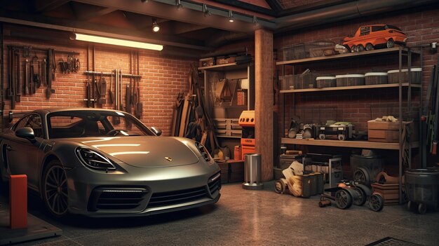 Photo sports car garage complete with workshop equipment