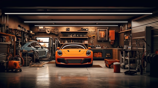 Photo sports car garage complete with workshop equipment