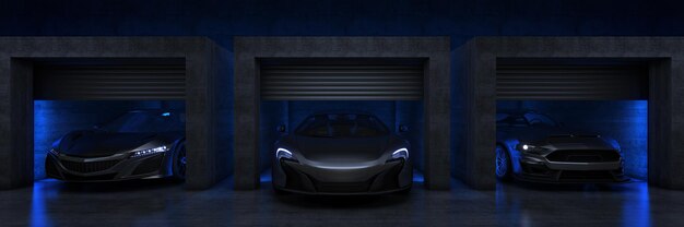 Спортивный автомобиль в гараже с открытой роликовой дверью 3d-рендеринга