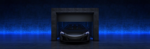 Sports car in garage with open roller door.. 3d Rendering