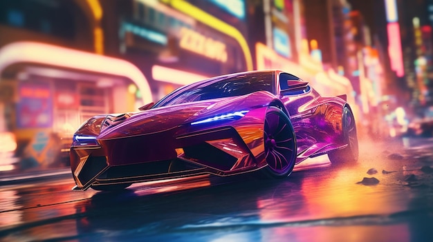 Sports car neon high resolution street racing wallpaper image AI generated art