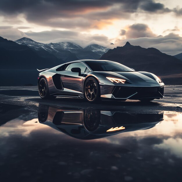 A sports car parked on a wet road with mountains in the background