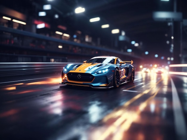 Sports car races through dark blurred motion generative ai