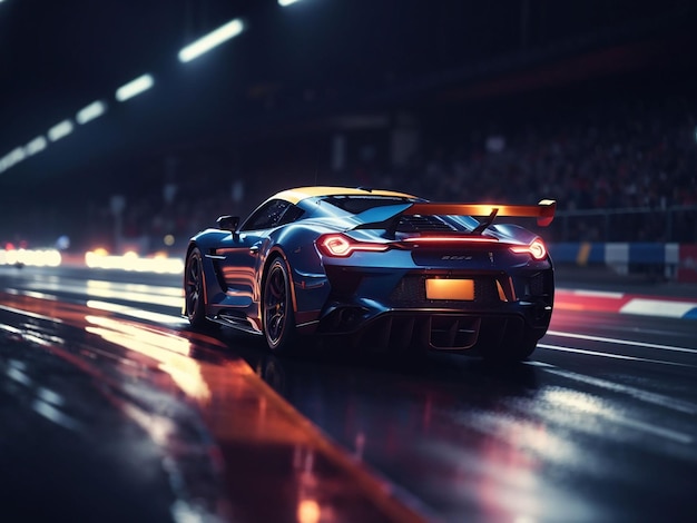 Sports car races through dark blurred motion generative ai