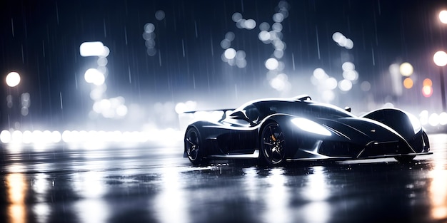 Sports car in the rain at night city urban illustration selective focus ai generated